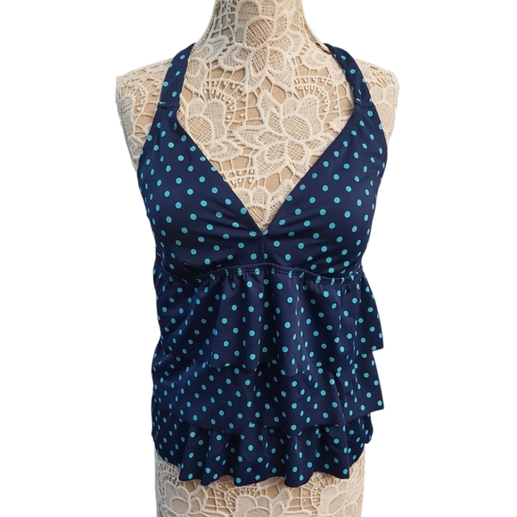 SOUTH POINT Blue Polka Dot Tiered Halter Swim Top - Picture 1 of 11